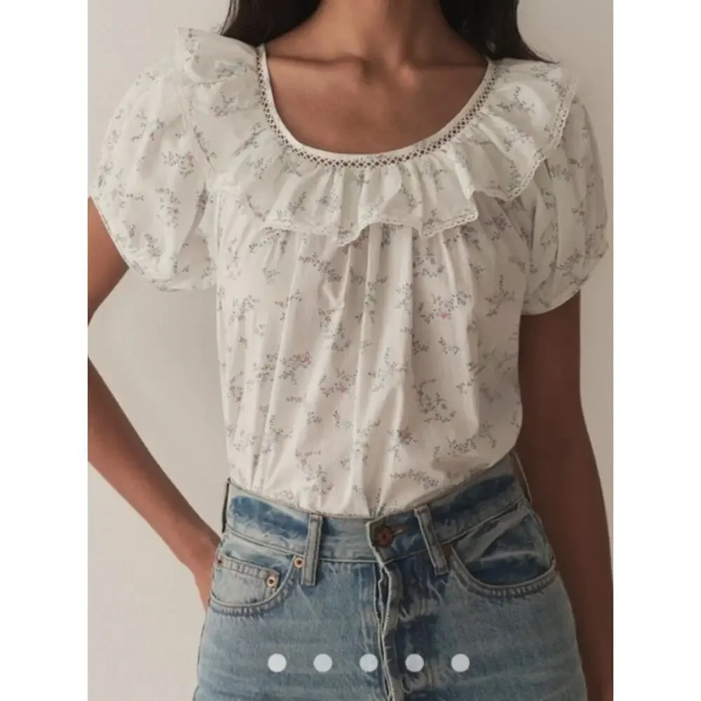 NWT Doen Silvie Cotton Ruffle Floral Short Puff Sleeve Blouse Top Cottage Grove